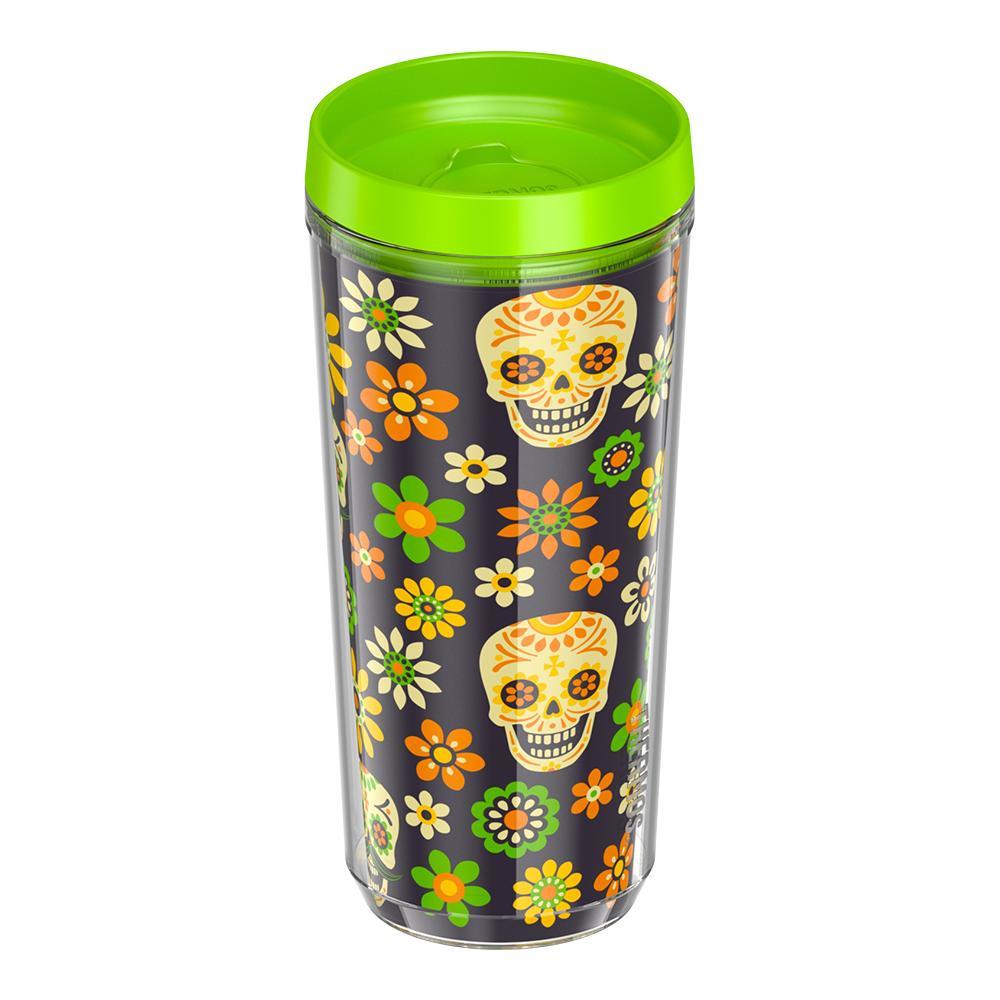 16 ounce double wall tumbler with slide lock lid, in Day of the Dead Skull pattern, side view.