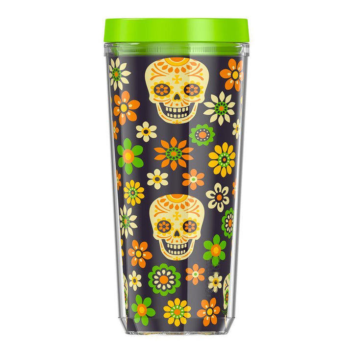 16-ounce double wall tumbler with slide lock lid, in Day of the Dead Skull pattern with flowers, front view.