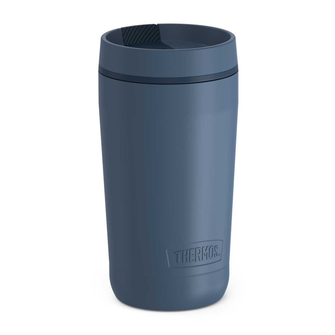 12 ounce alta tumbler, blue, side view.