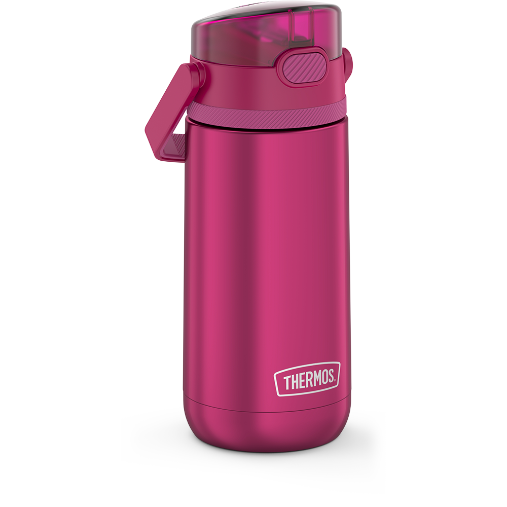 14 ounce Thermos Kids Stainless Steel Water Bottle, Aubergine side view with handle down.