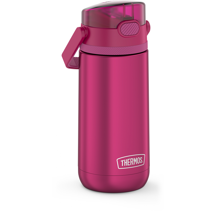 14 ounce Thermos Kids Stainless Steel Water Bottle, Aubergine side view with handle down.