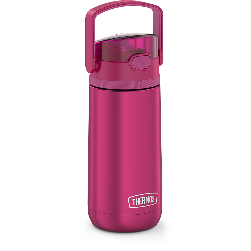 14 ounce Thermos Kids Stainless Steel Water Bottle, Aubergine side view with handle up.