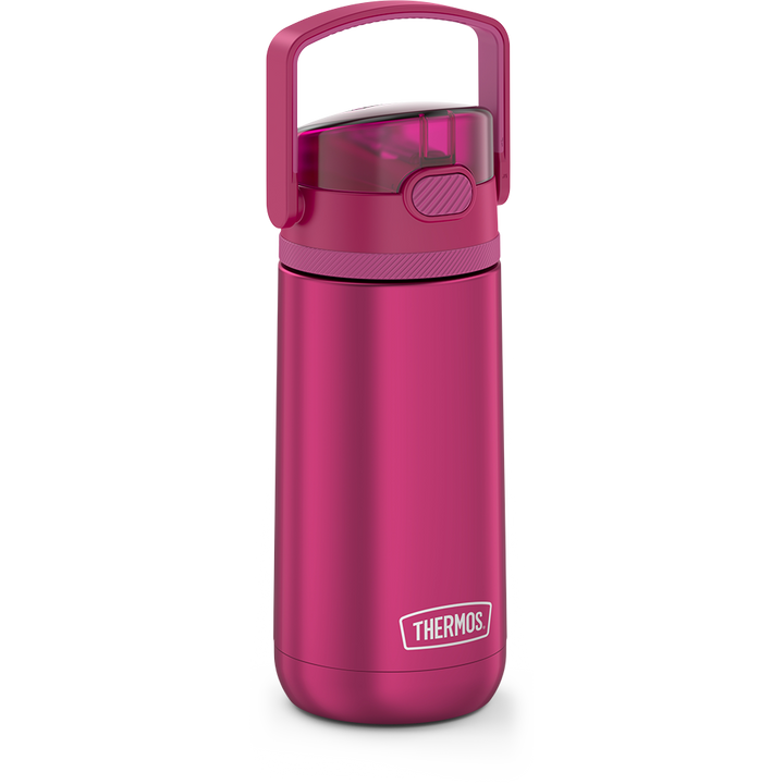 14 ounce Thermos Kids Stainless Steel Water Bottle, Aubergine side view with handle up.