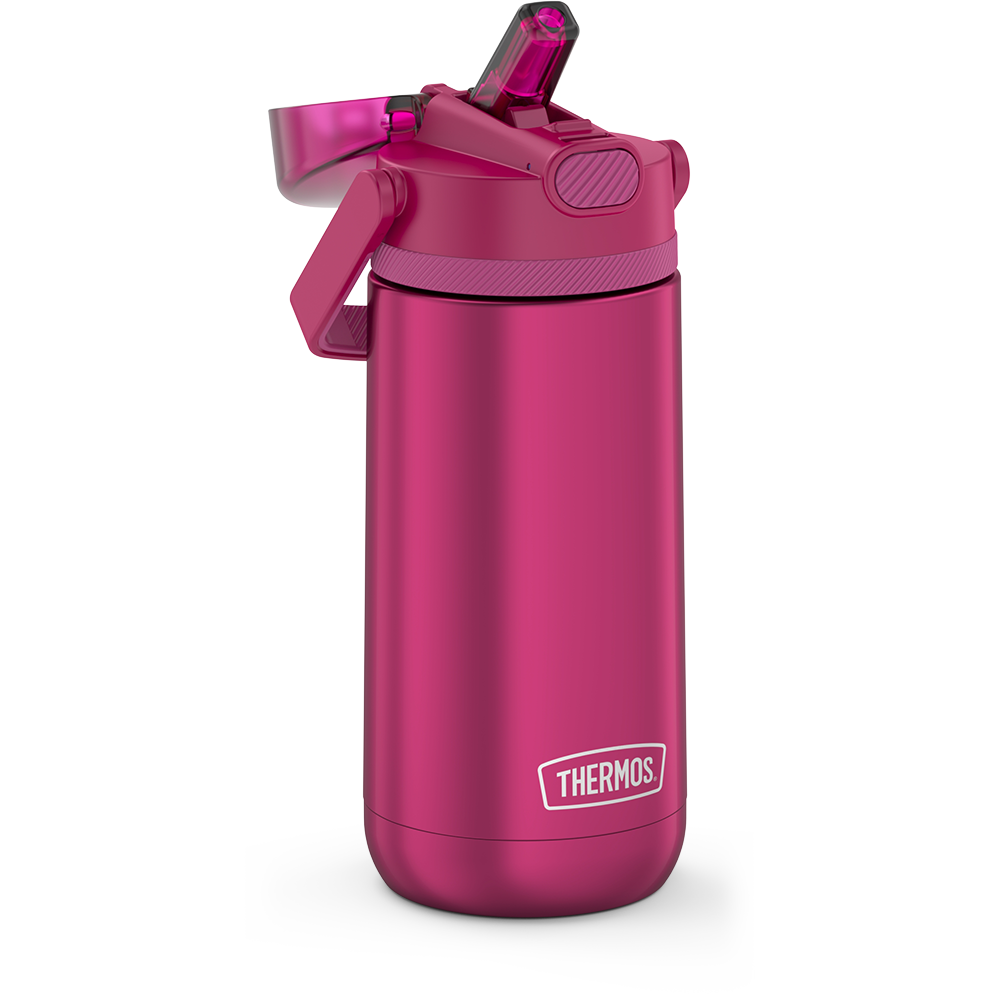 14 ounce Thermos Kids Stainless Steel Water Bottle with lid open, showing straw.