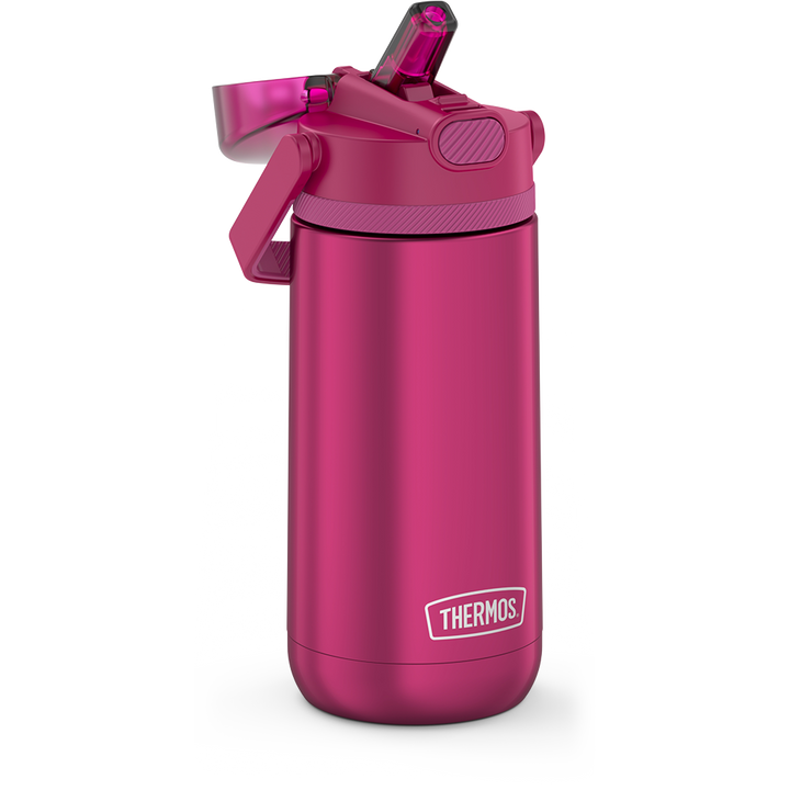 14 ounce Thermos Kids Stainless Steel Water Bottle with lid open, showing straw.