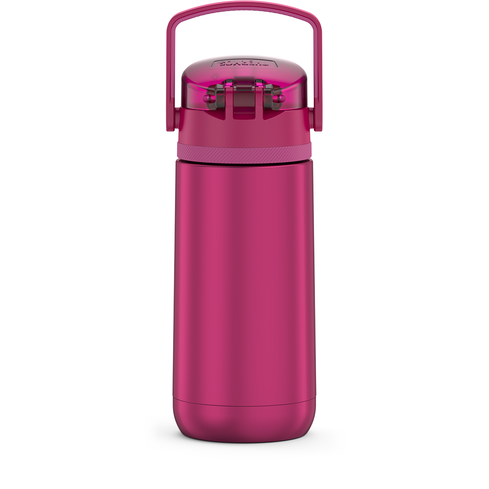 14 ounce Thermos Kids Stainless Steel Water Bottle, Aubergine back view with handle up.