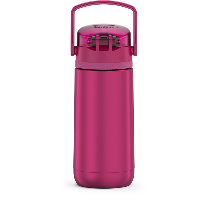 14 ounce Thermos Kids Stainless Steel Water Bottle, Aubergine back view with handle up.