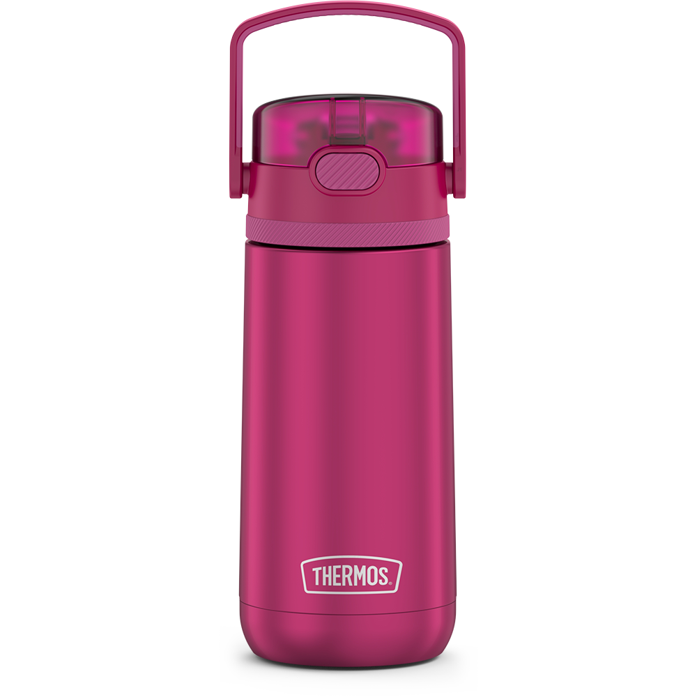 14 ounce Thermos Kids Stainless Steel Water Bottle, Aubergine front view with handle up.