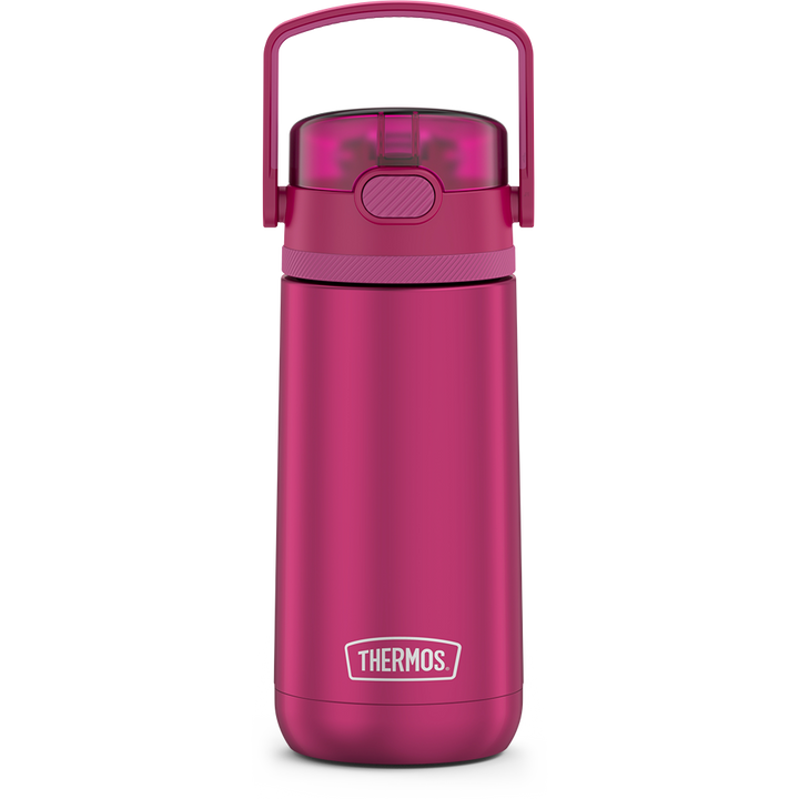 14 ounce Thermos Kids Stainless Steel Water Bottle, Aubergine front view with handle up.