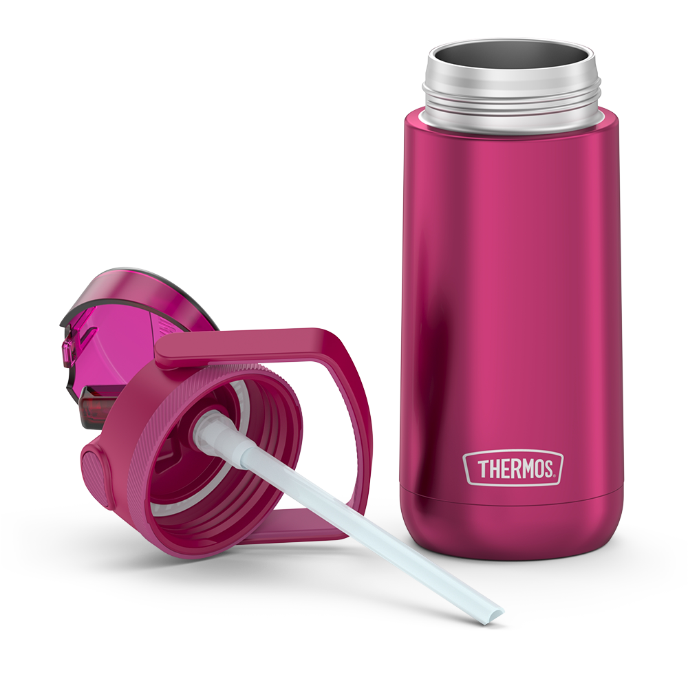 14 ounce Thermos Kids Stainless Steel Water Bottle with lid off and open, showing straw.