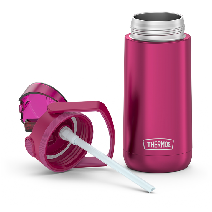 14 ounce Thermos Kids Stainless Steel Water Bottle with lid off and open, showing straw.