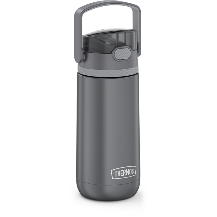 14 ounce Thermos Kids Stainless Steel Water Bottle, Grey side view with handle up.