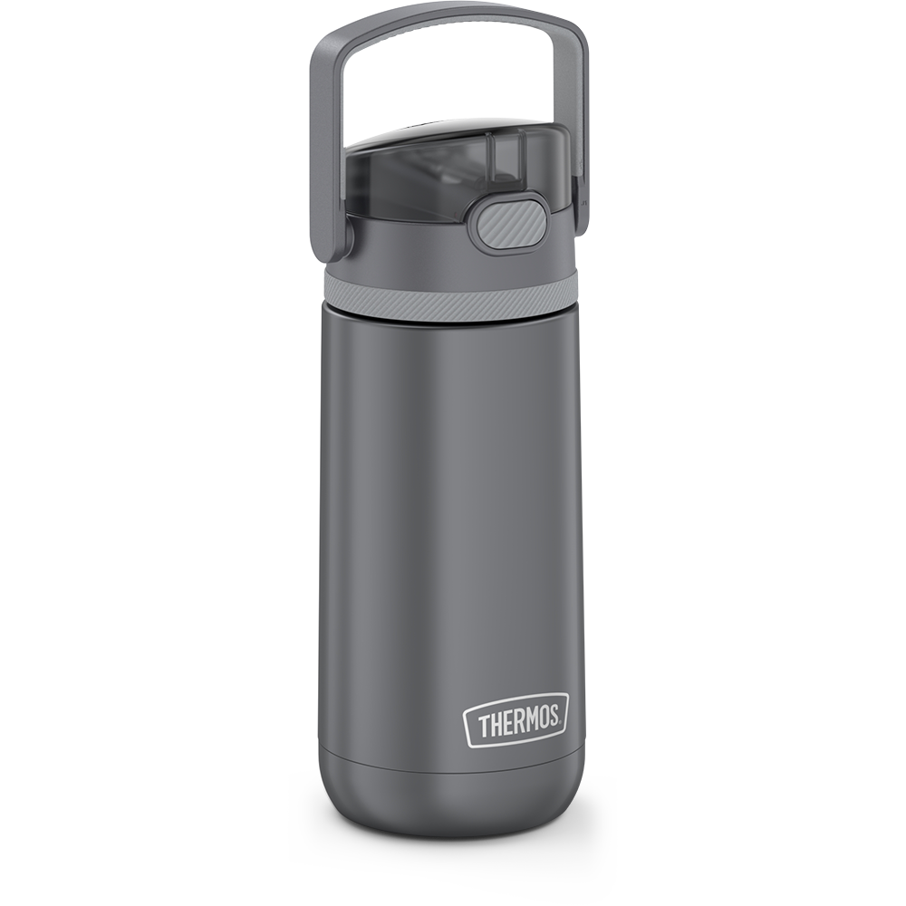 14 ounce Thermos Kids Stainless Steel Water Bottle, Grey side view with handle up.