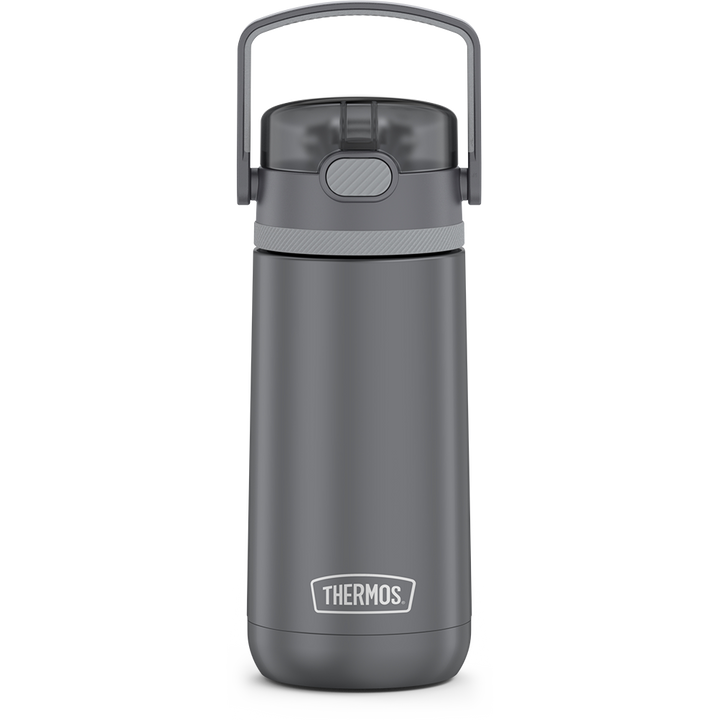 14 ounce Thermos Kids Stainless Steel Water Bottle, Grey front view with handle up.