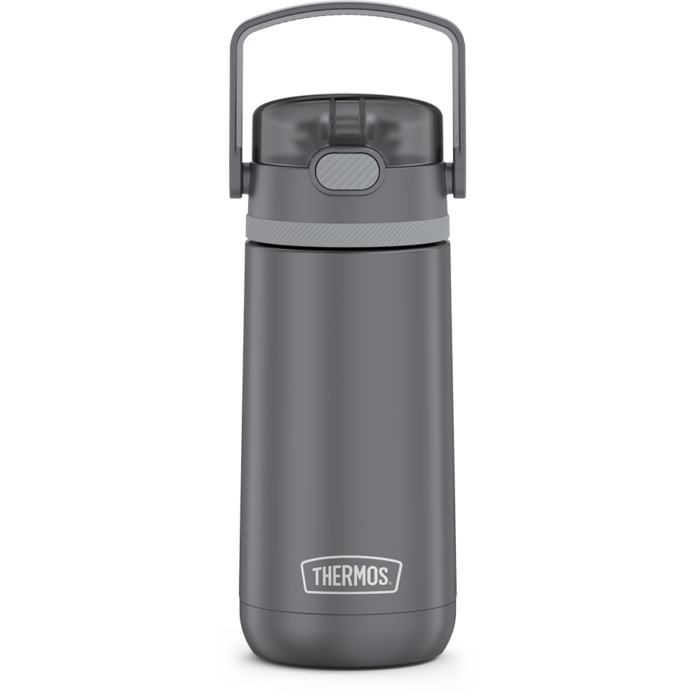 14 ounce Thermos Kids Stainless Steel Water Bottle, Grey front view with handle up.