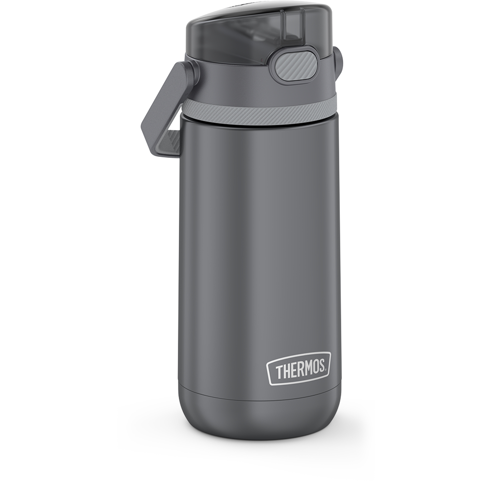 14 ounce Thermos Kids Stainless Steel Water Bottle, Grey side view with handle down.
