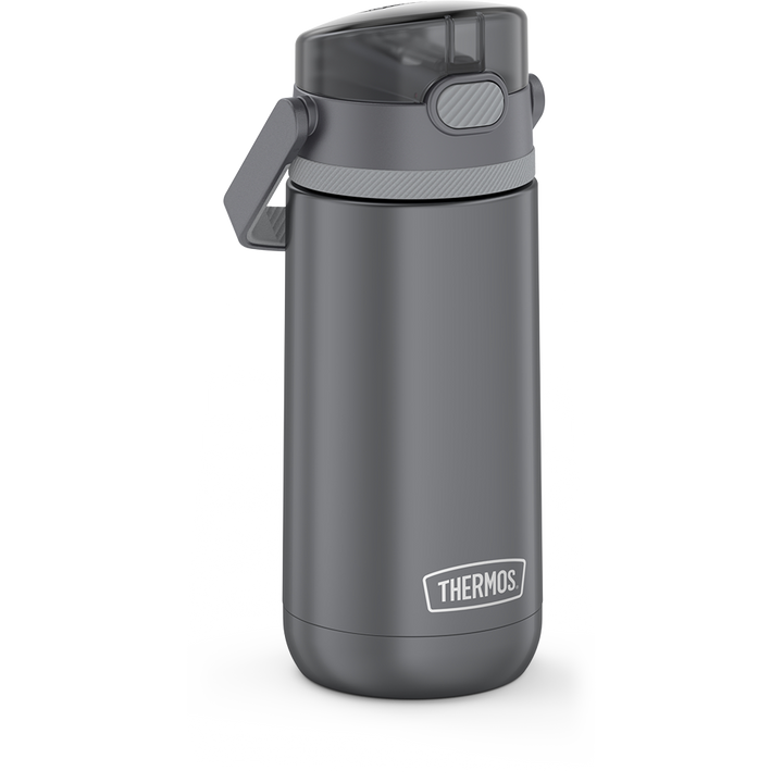 14 ounce Thermos Kids Stainless Steel Water Bottle, Grey side view with handle down.
