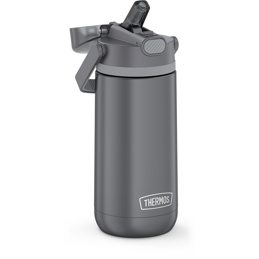 14 ounce Thermos Kids Stainless Steel Water Bottle with lid open, showing straw.