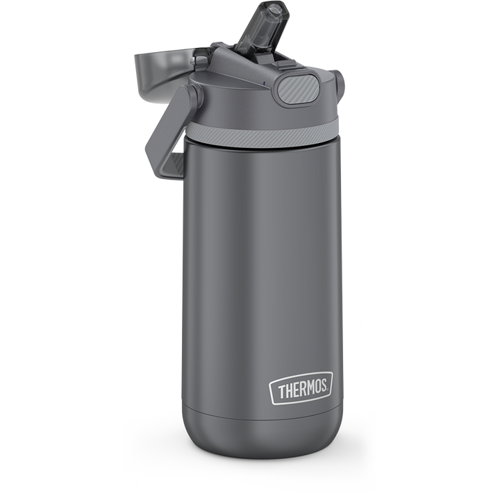 14 ounce Thermos Kids Stainless Steel Water Bottle with lid open, showing straw.