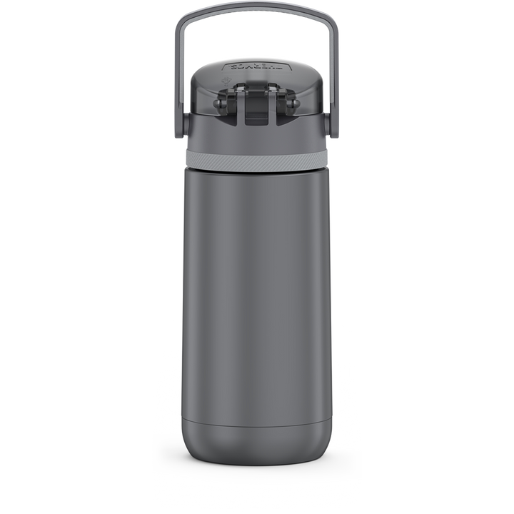 14 ounce Thermos Kids Stainless Steel Water Bottle, Grey back view with handle up.