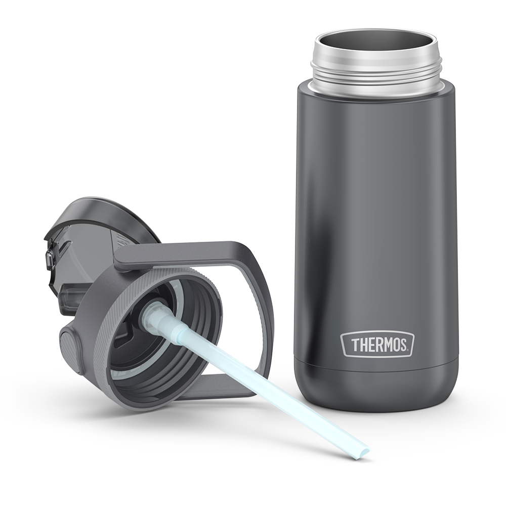 14 ounce Thermos Kids Stainless Steel Water Bottle with lid off the bottle and open, showing straw.