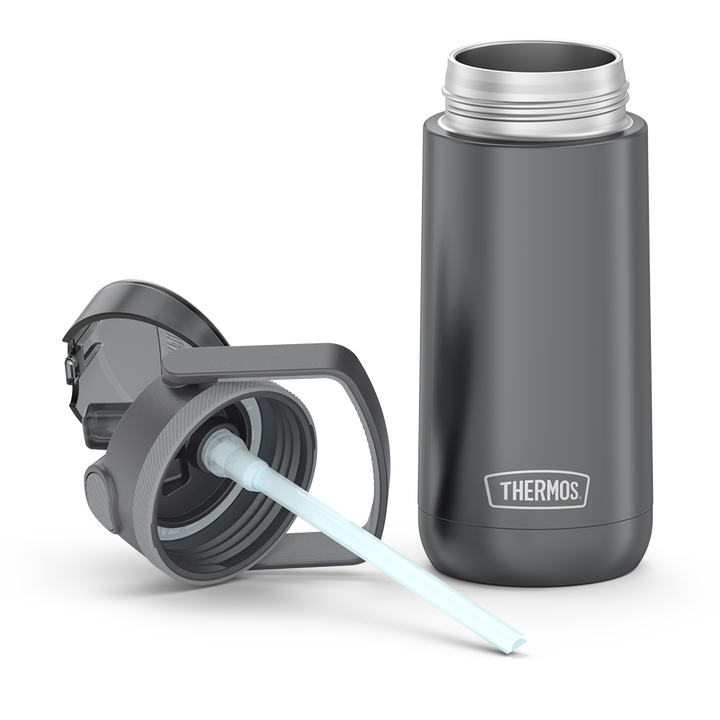 14 ounce Thermos Kids Stainless Steel Water Bottle with lid off the bottle and open, showing straw.